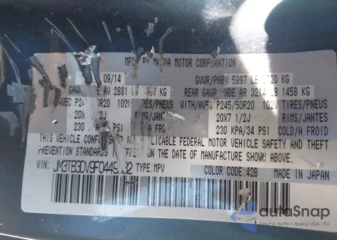 2015 Mazda Cx-9 Grand Touring из США, поврежденный, VIN JM3TB3DV9F0449532